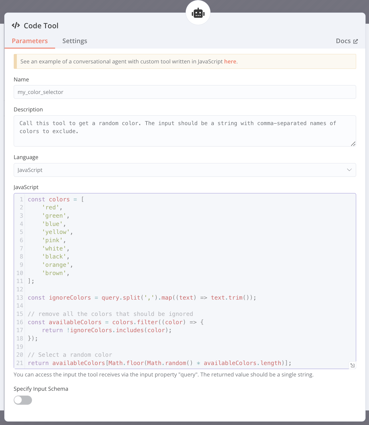Example of a code tool in n8n n8n code tool example