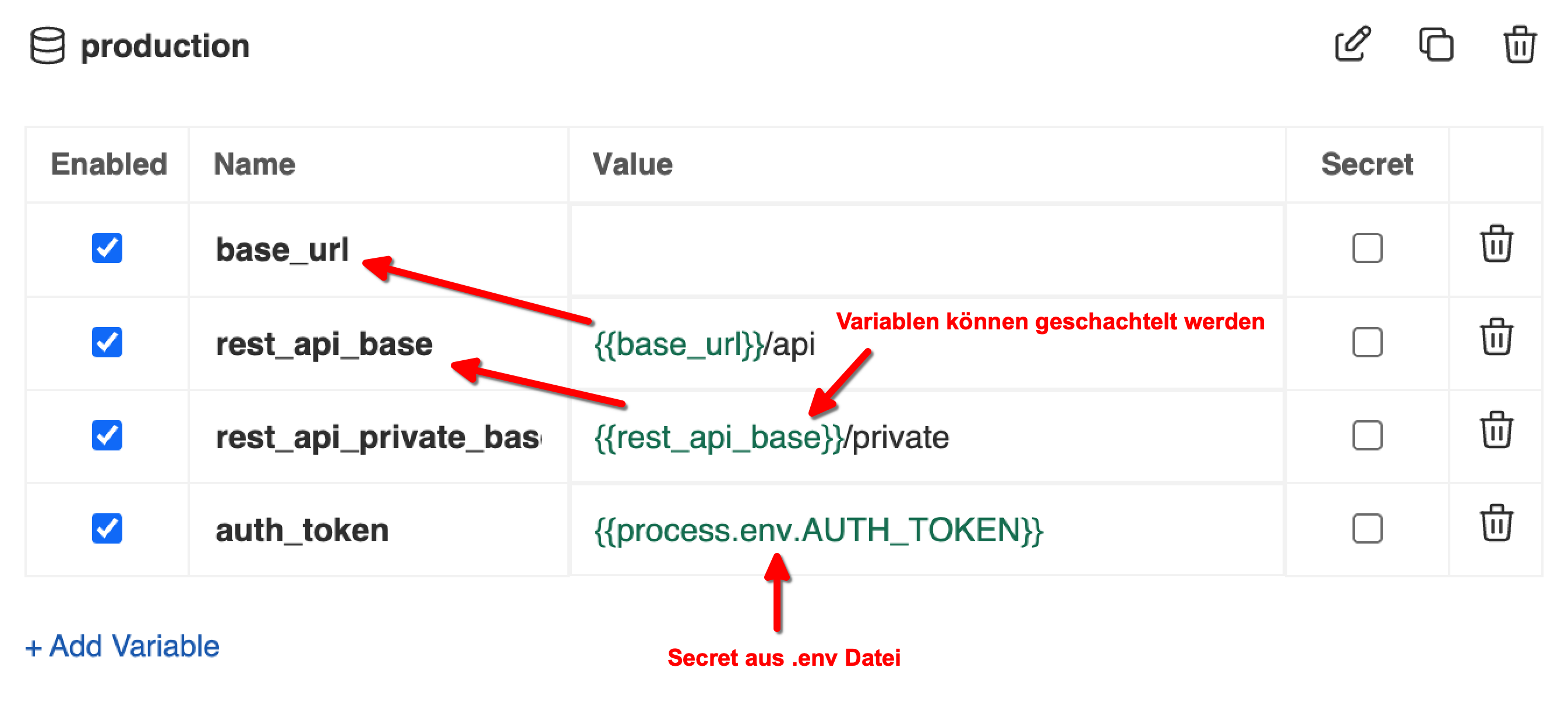 A table with the columns "Enabled", "Name", "Value", and "Secret". The values in the "Name" column include "base_url", "rest_api_base", "rest_api_private_bas", and "auth_token". Placeholders indicating variables are inserted beside some values, along with a short note in red explaining that variables can be nested.