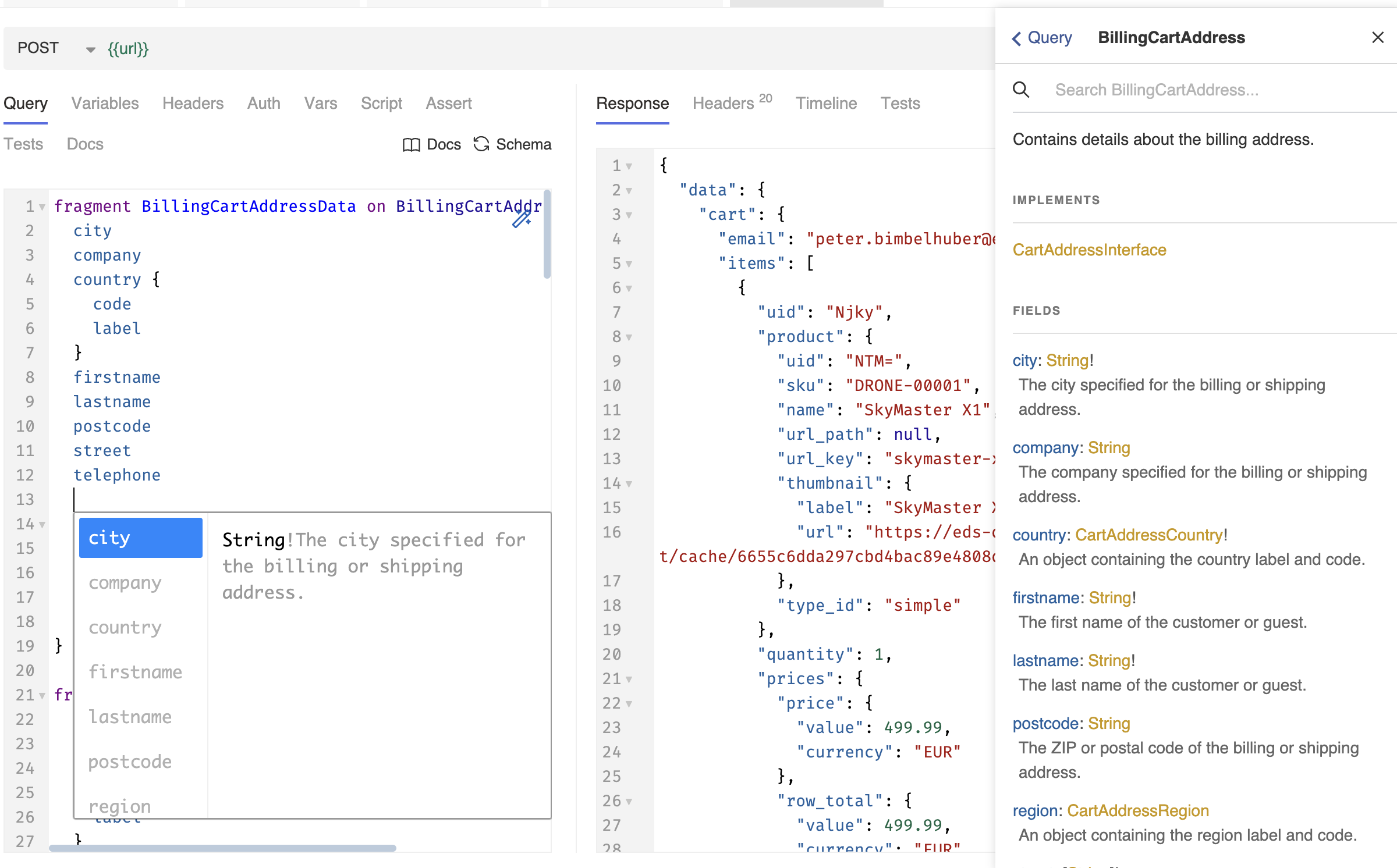 A screen shows a user interface for a GraphQL request. On the left are fields such as city, company, and country, while the right-hand area shows the API response with information about the shopping cart, products, and prices. Billing address details and item information are visible.