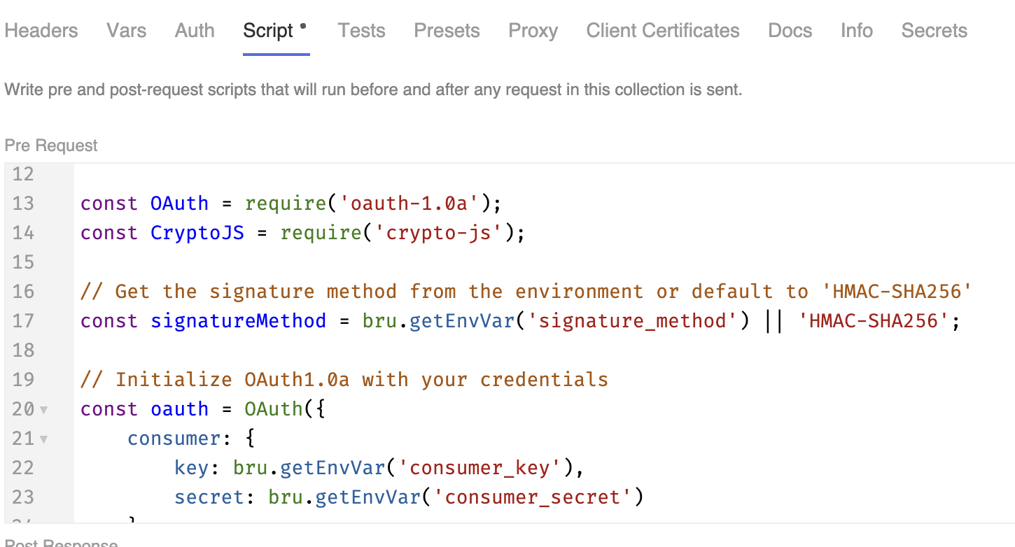 A screenshot shows the code for initializing OAuth 1.0a authentication. Various JavaScript functions for importing libraries and retrieving environment variables are visible, along with the configuration of the OAuth object.
