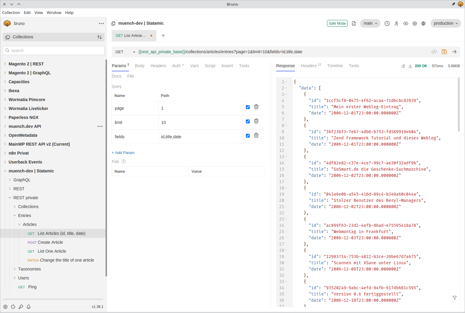 Bruno UI with an example request