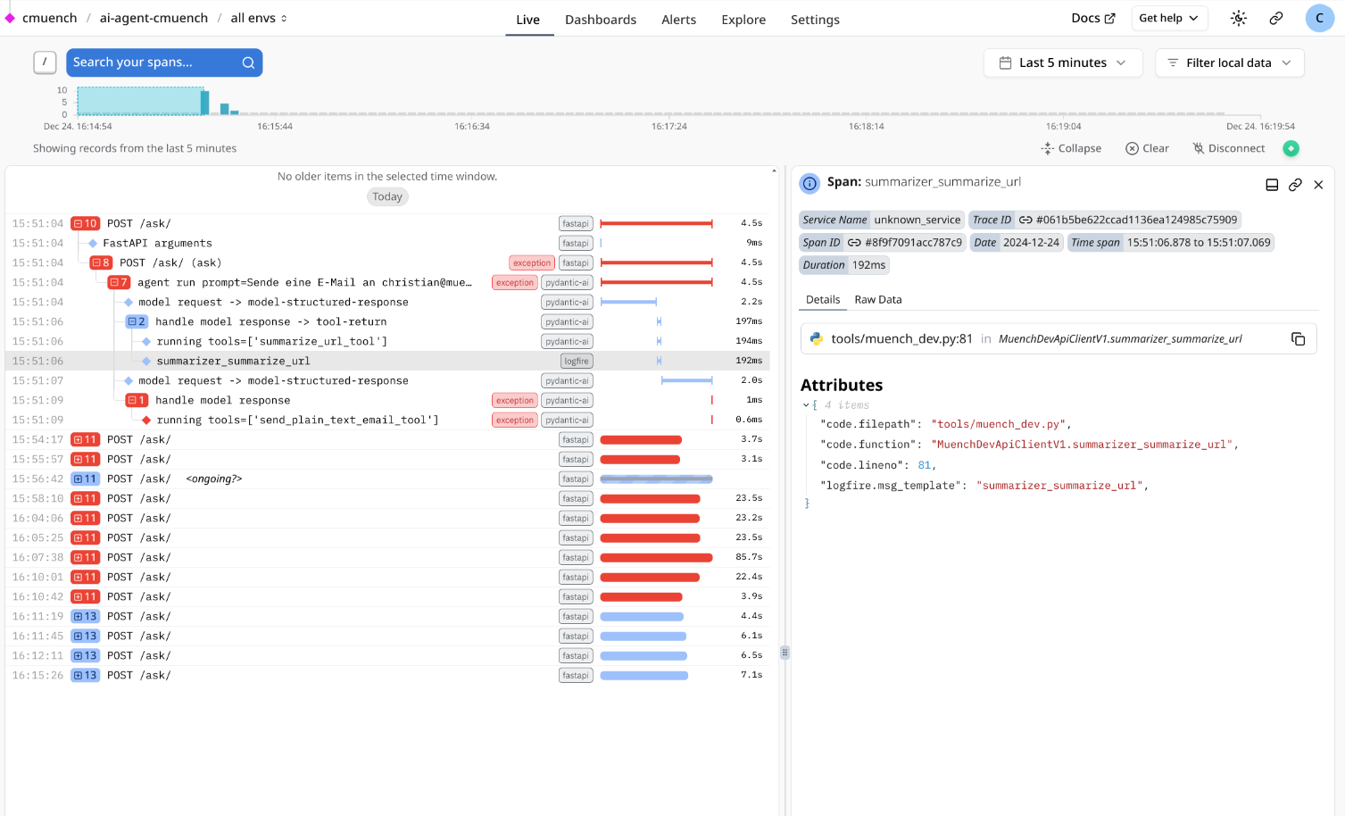 Pydantic Logfire dashboard