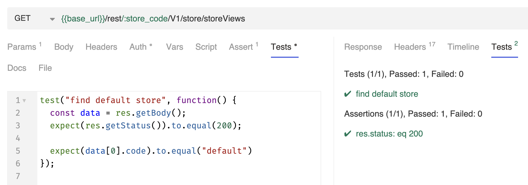 A code snippet shows a test case in JavaScript that checks whether a default store is found. The test ensures that status 200 is returned and that the code of the first record is "default".
