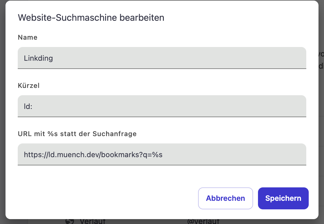 Dialog in the Brave browser for adding Linkding as a search engine.