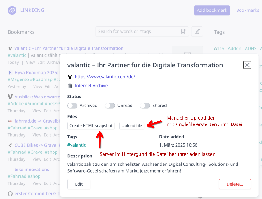 Bookmark view in Linkding with the option to manually upload a singlefile HTML file or have the server create an HTML snapshot