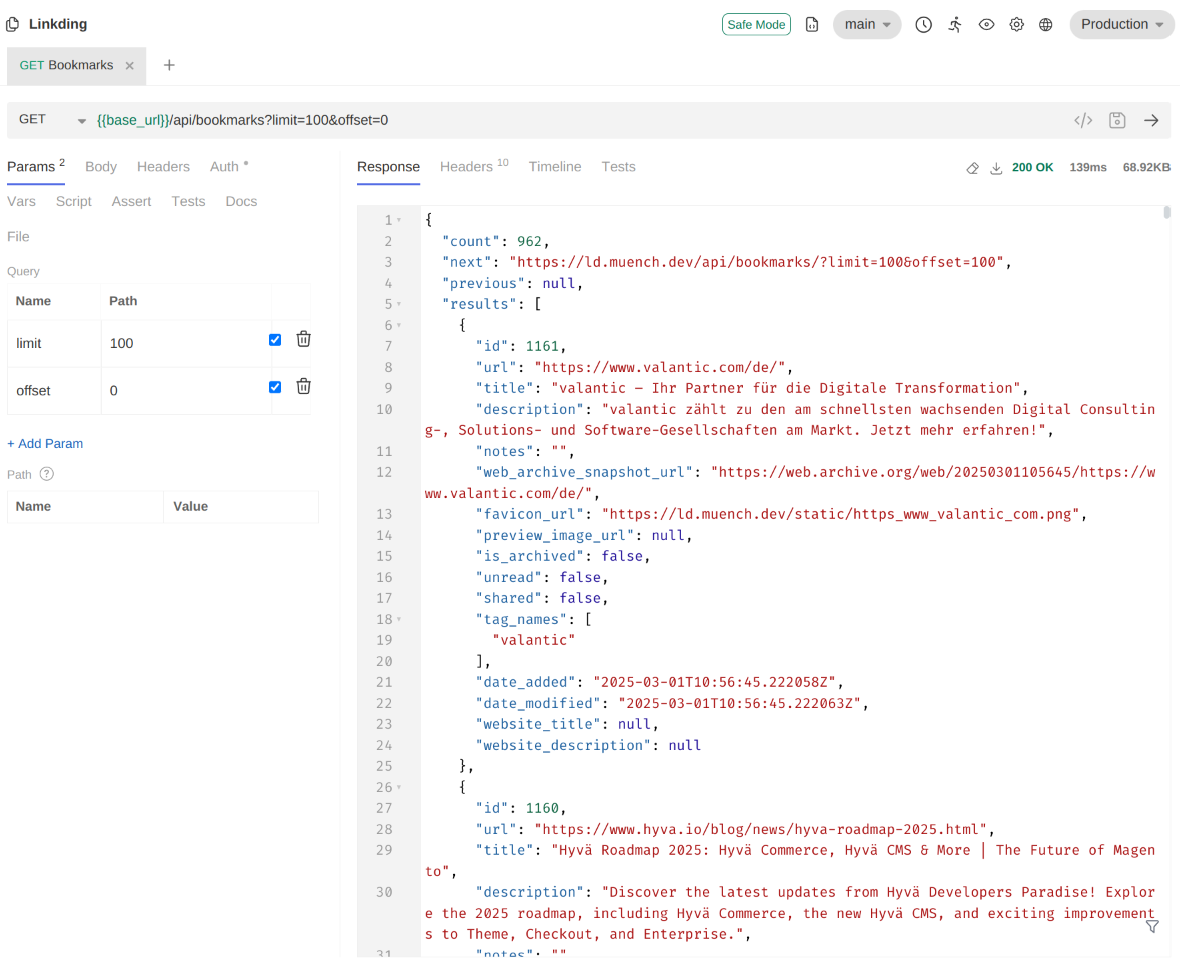 A list of bookmarks from Linkding loaded directly through the REST interface. The image shows this using the Bruno client.