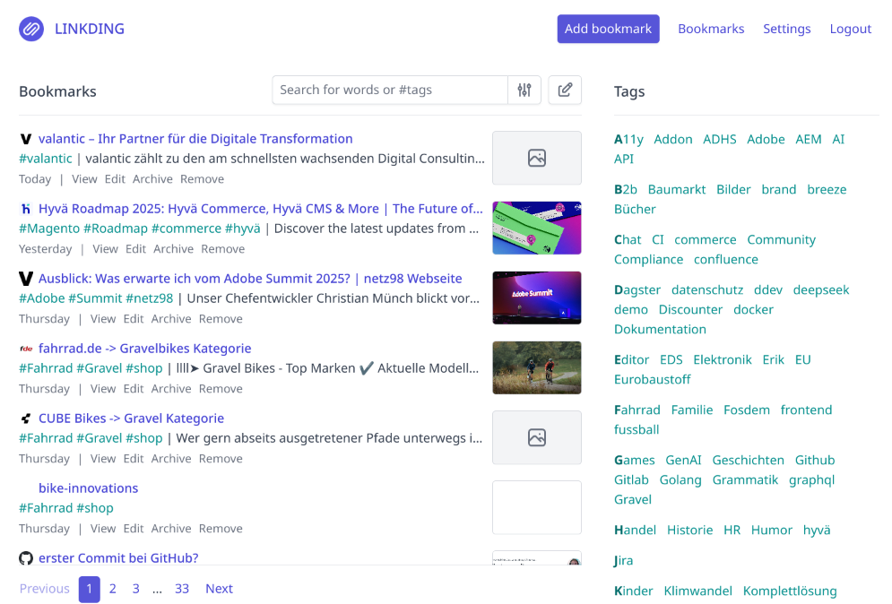 The Linkding tool's web UI