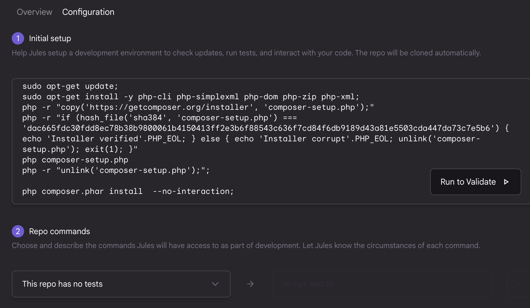 Text in einem Feld zur Konfiguration einer Entwicklungsumgebung zeigt Befehle zur Installation von PHP-Paketen sowie zum Herunterladen und Ausführen eines Installers. Es gibt Anweisungen zum Ausführen eines Validierungsbefehls und Hinweise zu den Repos, die Jules zur Verfügung stehen.