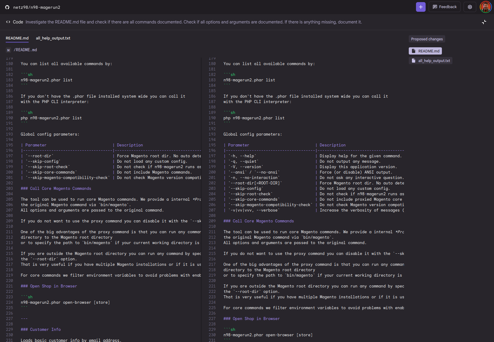 Der Screenshot zeigt eine Programmieroberfläche mit Code und Dokumentation für das Tool "m98-magerun2". Auf der linken Seite sind Befehle und deren Beschreibungen aufgelistet, die zur Ausführung von Magento-Kommandos dienen, sowie globale Konfigurationsparameter. Rechts wird der Inhalt einer README.md-Datei angezeigt, in der Anweisungen zur Nutzung des Tools und die Verwendung des PHP CLI-Interpreters beschrieben sind.