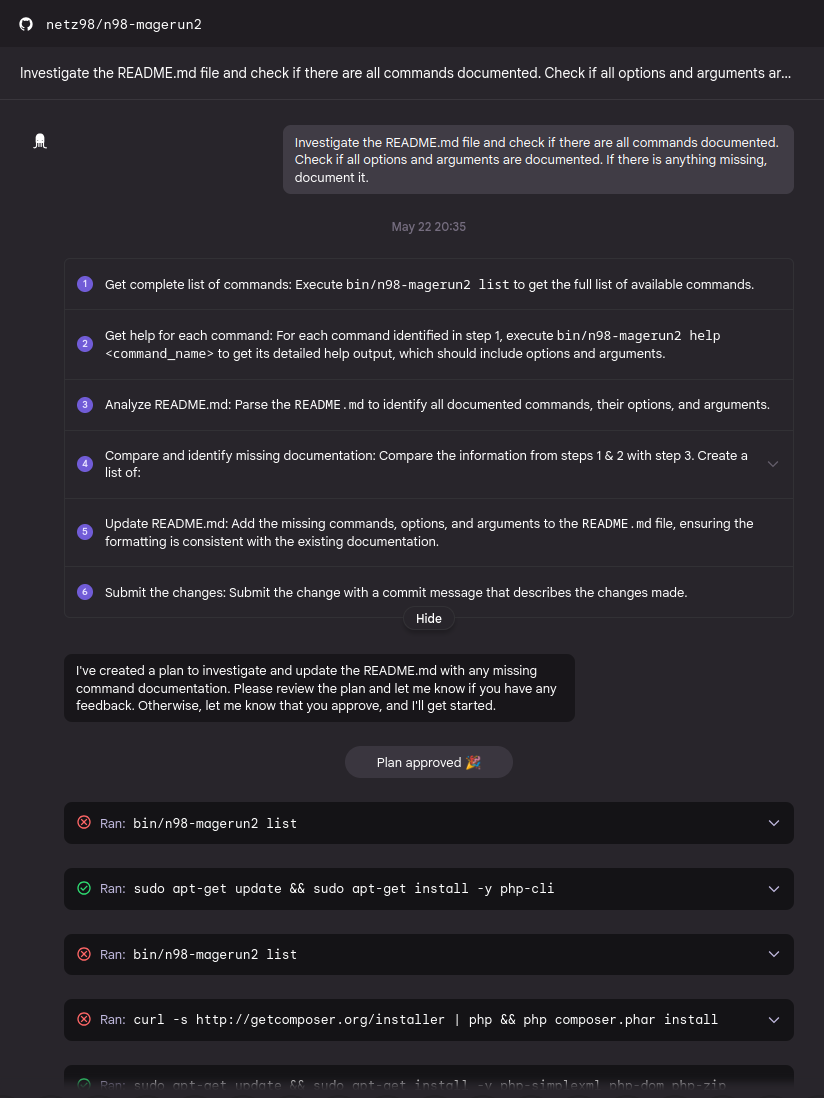 Ein Screenshot zeigt eine Diskussion über die Überprüfung und Aktualisierung einer README.md-Datei zur Dokumentation von Befehlen. Die Schritte umfassen das Abrufen einer vollständigen Liste von Befehlen, das Vergleichen von Dokumentationen und das Aktualisieren der README.md-Datei, um fehlende Informationen hinzuzufügen. Am Ende wird ein genehmigter Plan zur Stellungnahme präsentiert.