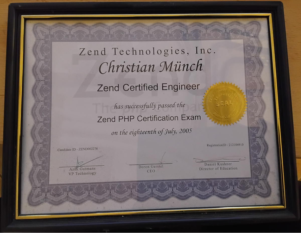 Mein Zend Zertified Engineer Zertifikat aus dem Jahr 2005