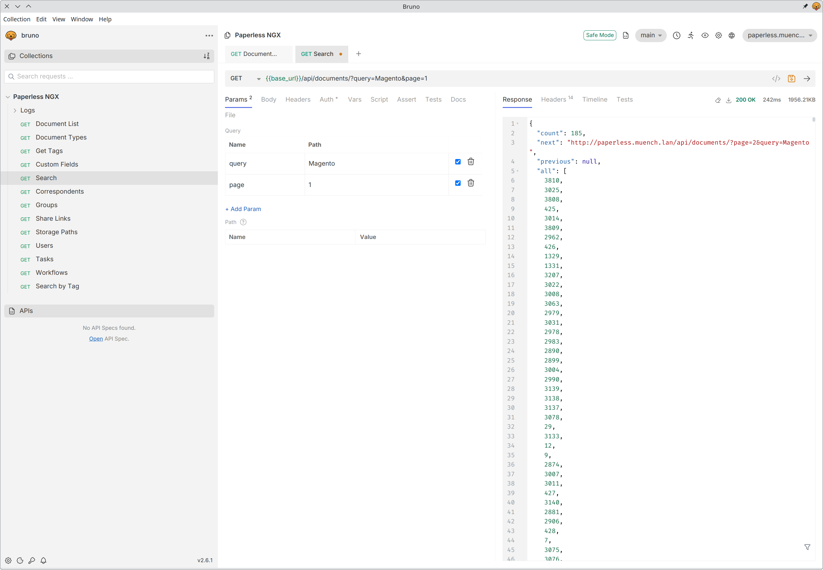 Das Tool Bruno mit einer Anfrage mit einer offenen Anfrage an die Paperless NGX REST Schnittstelle