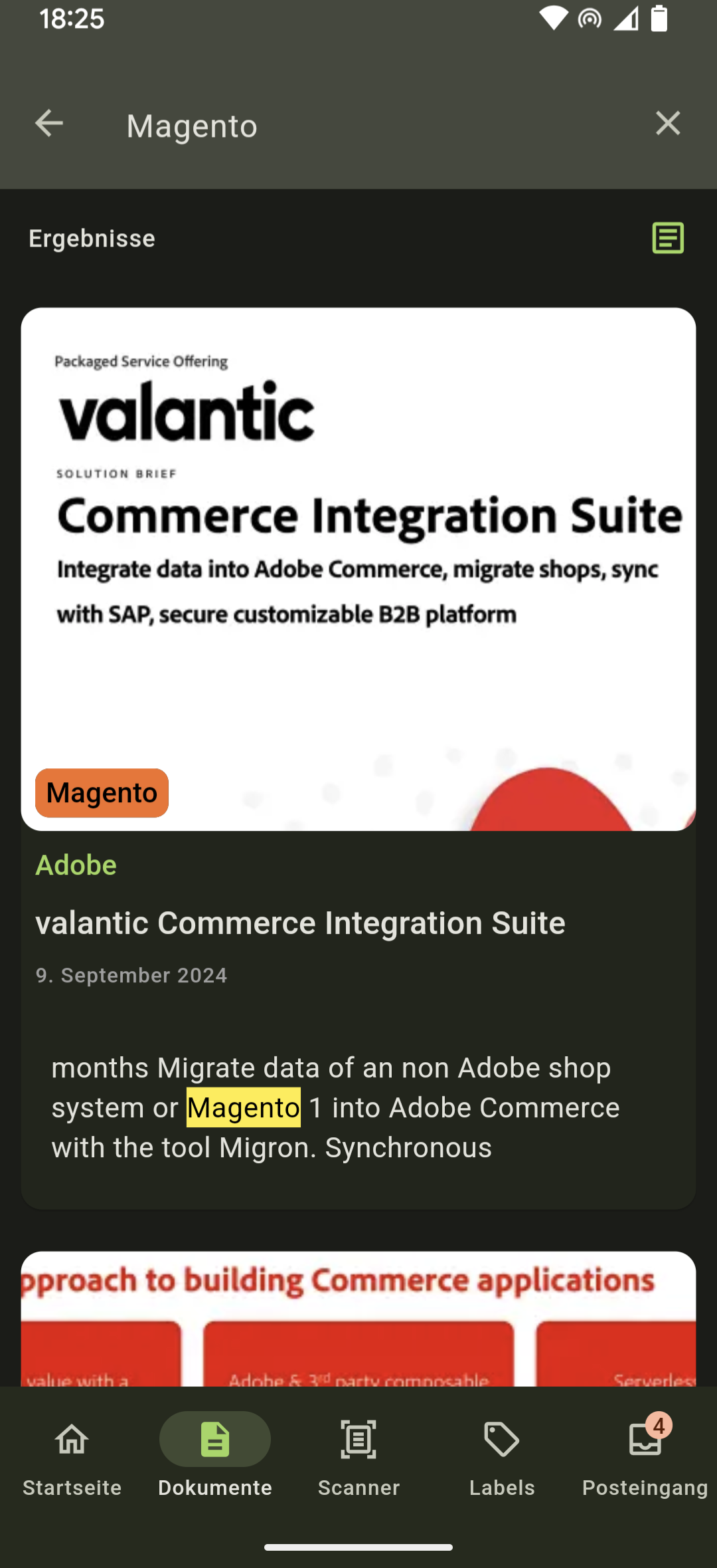 Screenshot einer Android App in der nach "Magento" gesucht wird. Es werden gefunden Dokumente angezeigt.
