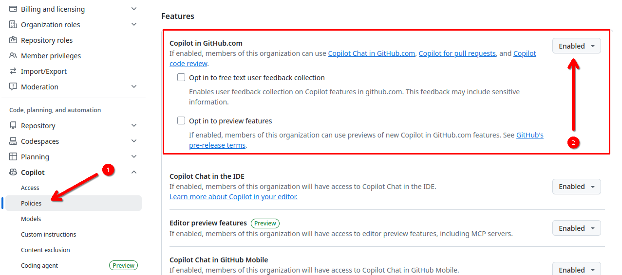 Policies in Github - Aktivieren des Copilot für die Nutzung auf github.com