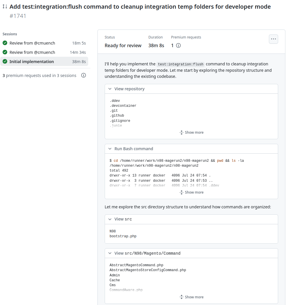Session mit Protokoll des GitHub CoPilot Agenten