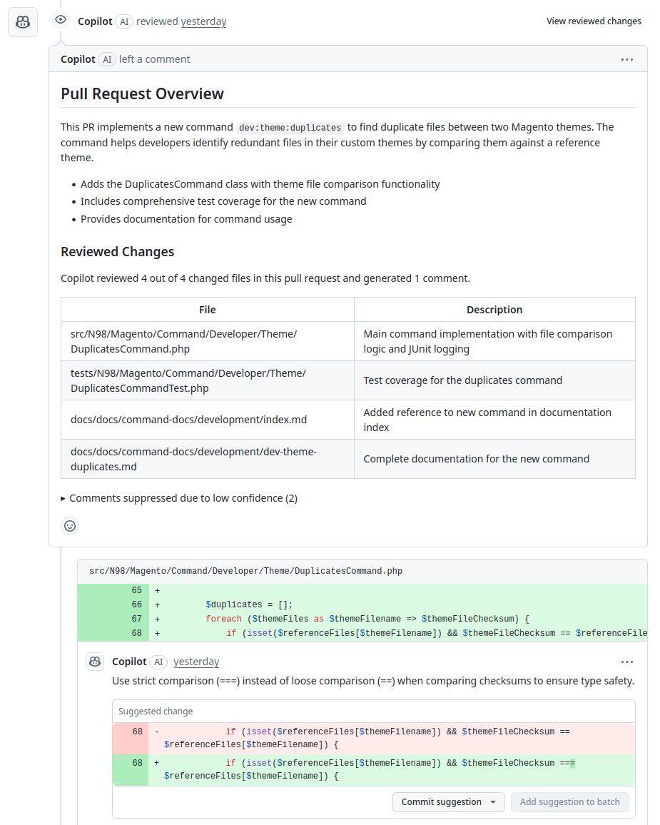 Code-Review Ergebnis von GitHub CoPilot Agent in einem GitHub Issue.