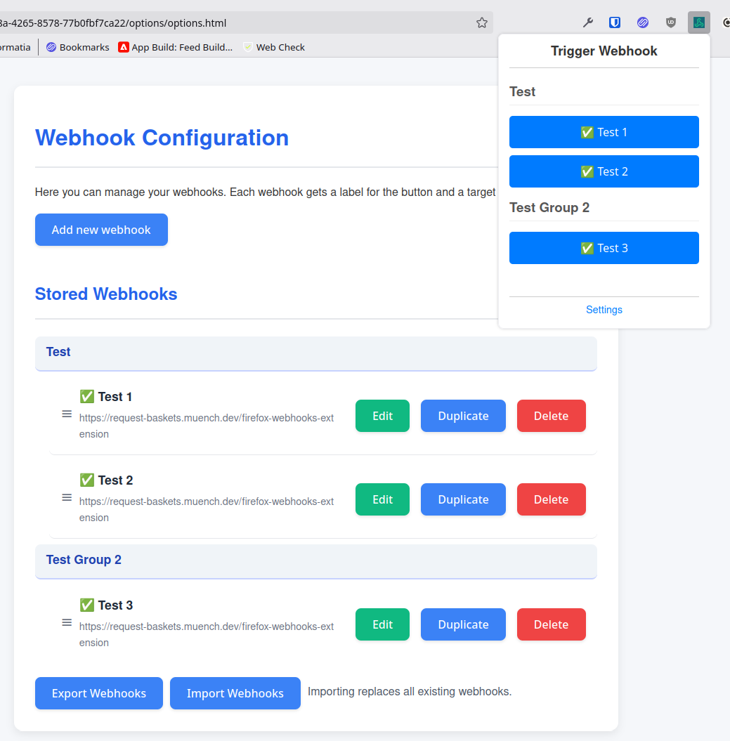 Die fertige Benutzeroberfläche mit gruppierten und sortierbaren Webhooks