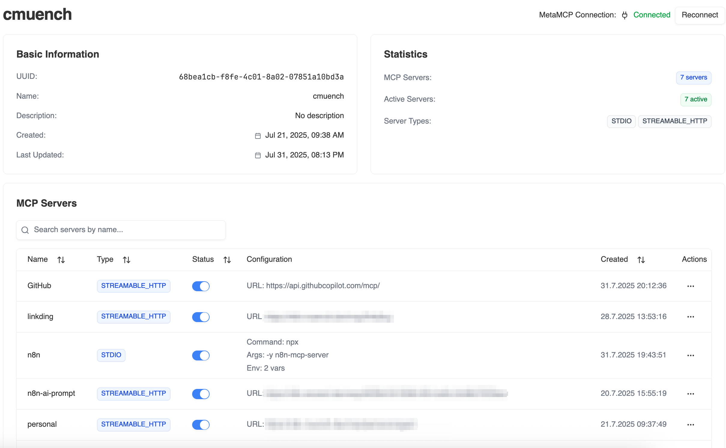 Eine Übersicht über die Serverinformation mit dem Namen "cmuench", einschließlich einer UUID, Erstellungs- und Aktualisierungsdaten. Es zeigt verschiedene MCP-Server, deren Typ, Status, und Konfiguration, sowie eine Statistik über aktive Server.