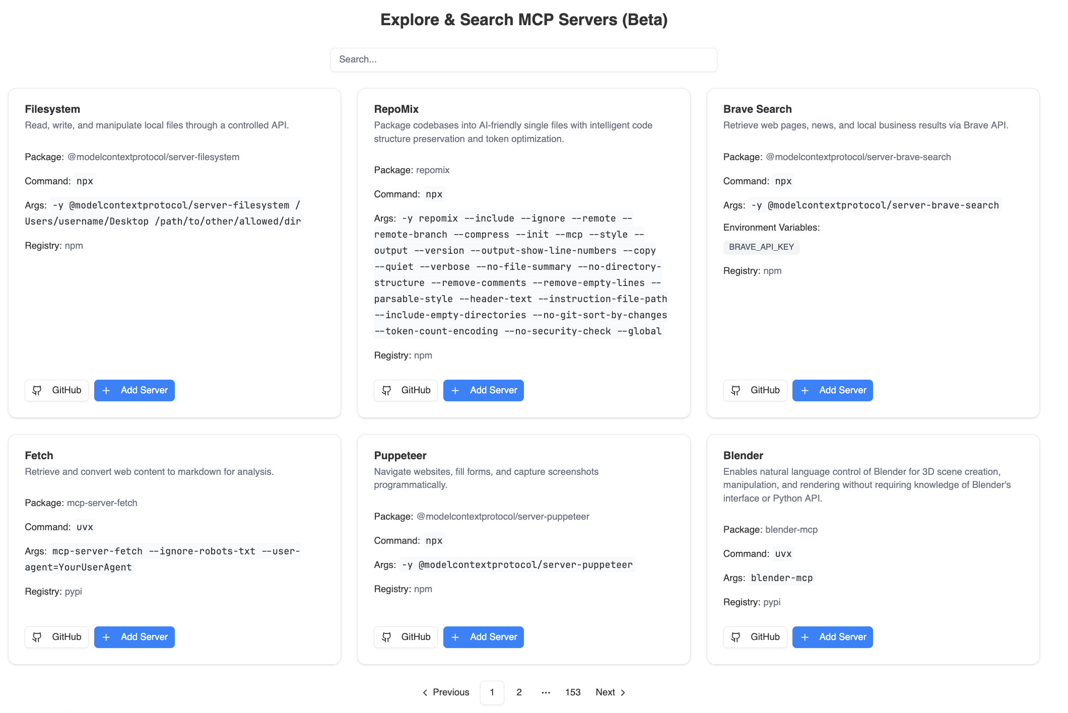 Die Benutzeroberfläche zeigt eine Liste von MCP-Servern in einem Beta-Test. Jedes Serverfeld enthält Informationen zu dessen Paketname, Befehl und Argumenten sowie einen Button zum Hinzufügen des Servers. Die Ansicht beinhaltet auch Links zu GitHub und betrifft verschiedene Funktionen wie Dateisystemzugriff, Code-Paketierung, Webinhaltabruf und mehr.
