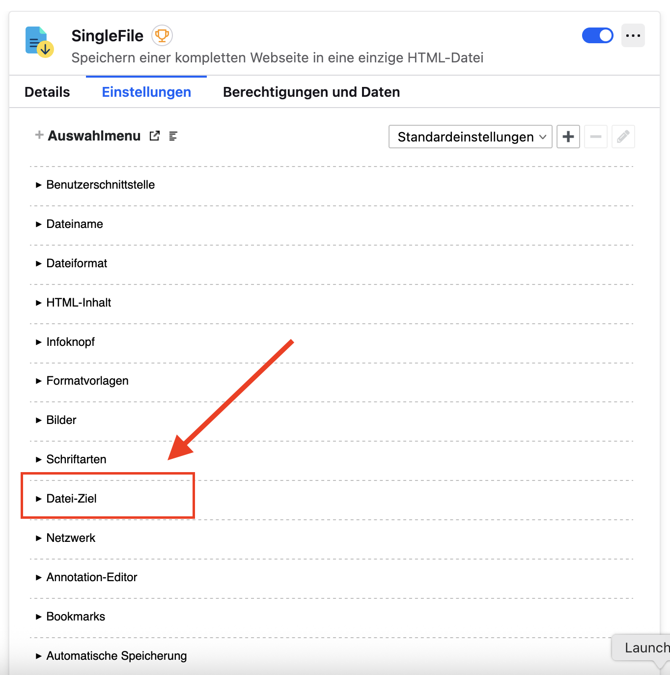 Im Einstellungsfenster der Anwendung "SingleFile" werden verschiedene Optionen zur Speicherung von Webseiten angezeigt. Ein roter Pfeil zeigt auf die Option "Datei-Ziel" in der Liste der auswählbaren Einstellungen.