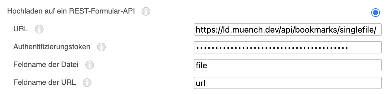 Ein Formular zur Eingabe von Daten für die Hochladung auf eine REST-API ist zu sehen. Es enthält Felder für die Eingabe einer URL, eines Authentifizierungstokens, sowie für den Dateinamen und den URL-Feldnamen.