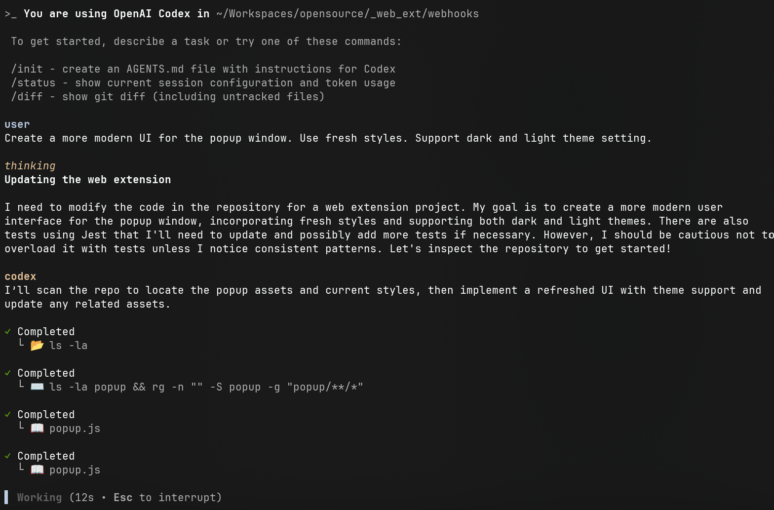Start einer neuen Aufgabe in Codex