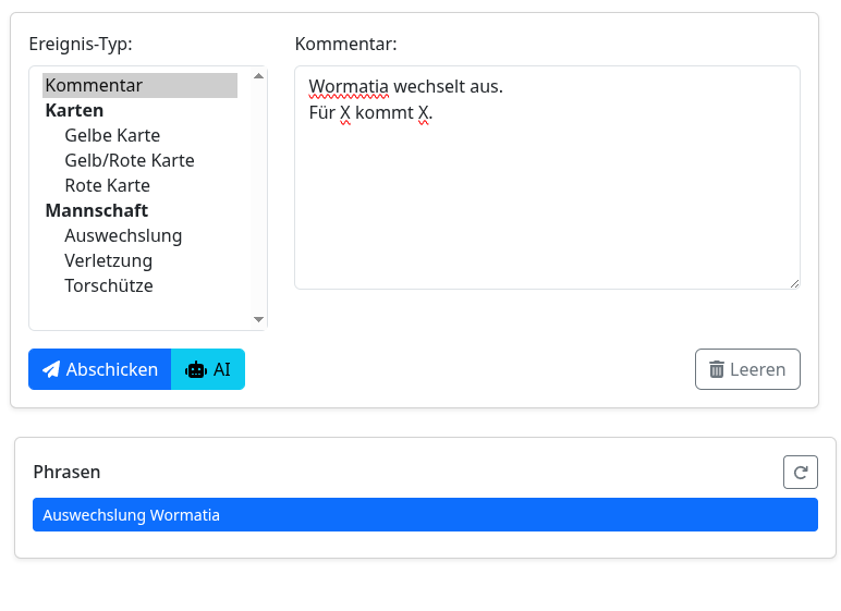 Die Phrasen in der UI des aktiven Livetickers