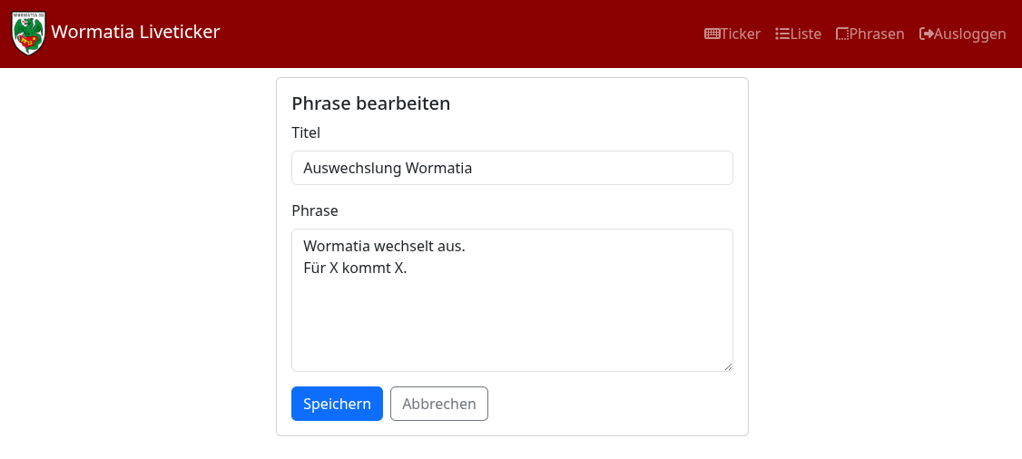 Das bearbeiten einer Phrase über das neu erstellte Formular