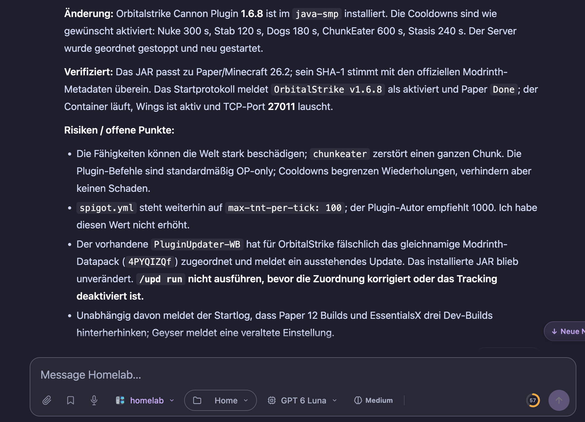 A text document describes the installation and configuration of the OrbitalStrike Cannon plugin for Minecraft. It contains technical details such as recommended minimum requirements, verification guidance and risks.