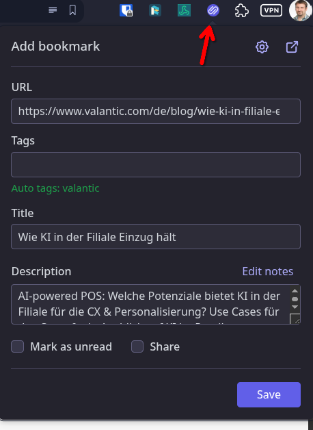 Ein Screenshot eines Browsers, der ein Fenster zum Hinzufügen eines Lesezeichens zeigt. Oben links befindet sich ein Eingabefeld für die URL und verschiedene Optionen wie "Tags" und "Mark as unread". Ein roter Pfeil weist auf ein Symbol im oberen Bereich des Fensters hin.