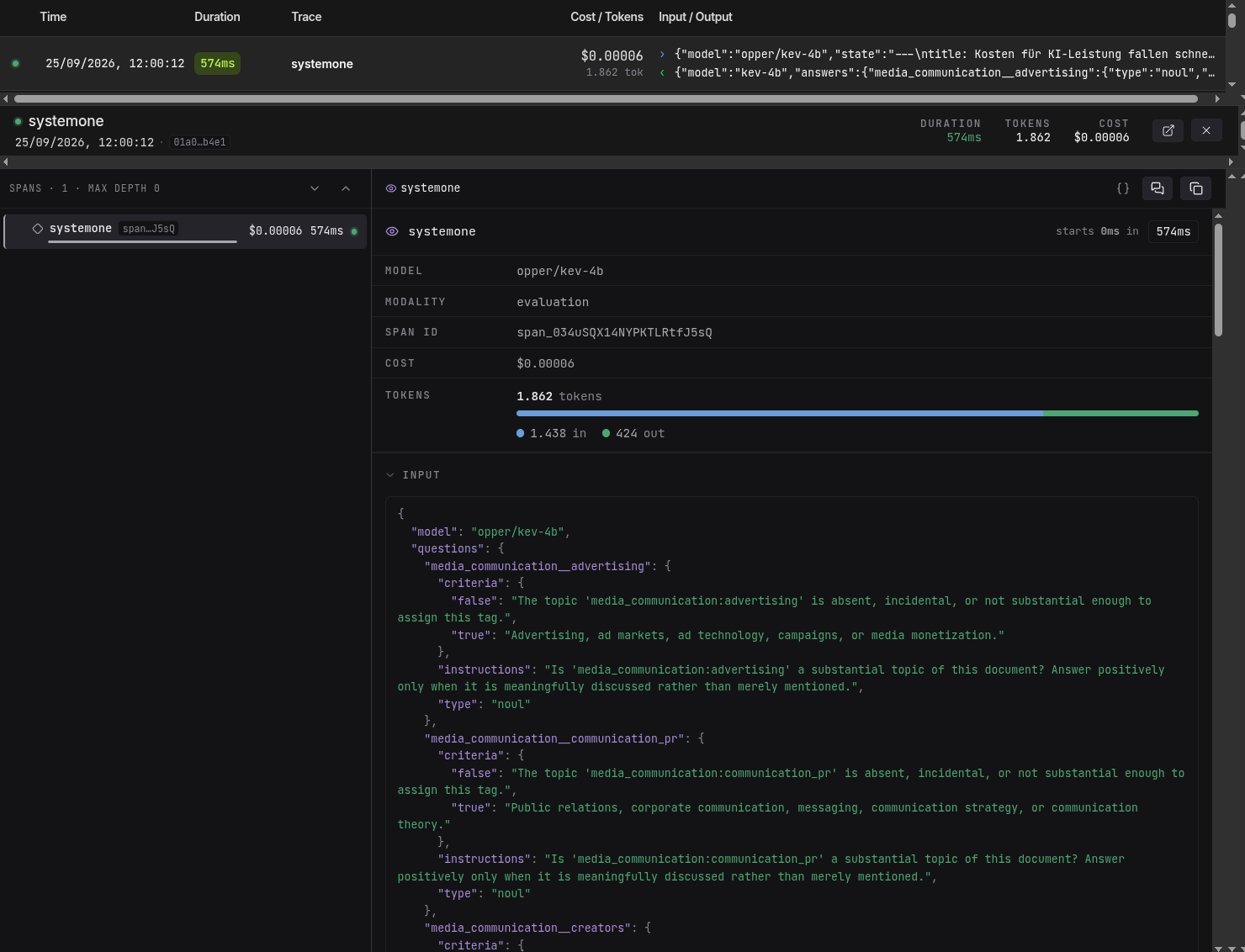 Anzeige eines Programmier- oder Debugging-Tools mit Code- und Terminalausgaben. Im oberen Bereich sind Zeit- und Token-Informationen sichtbar. Der Hauptinhalt zeigt JSON-ähnliche Datenstrukturen.