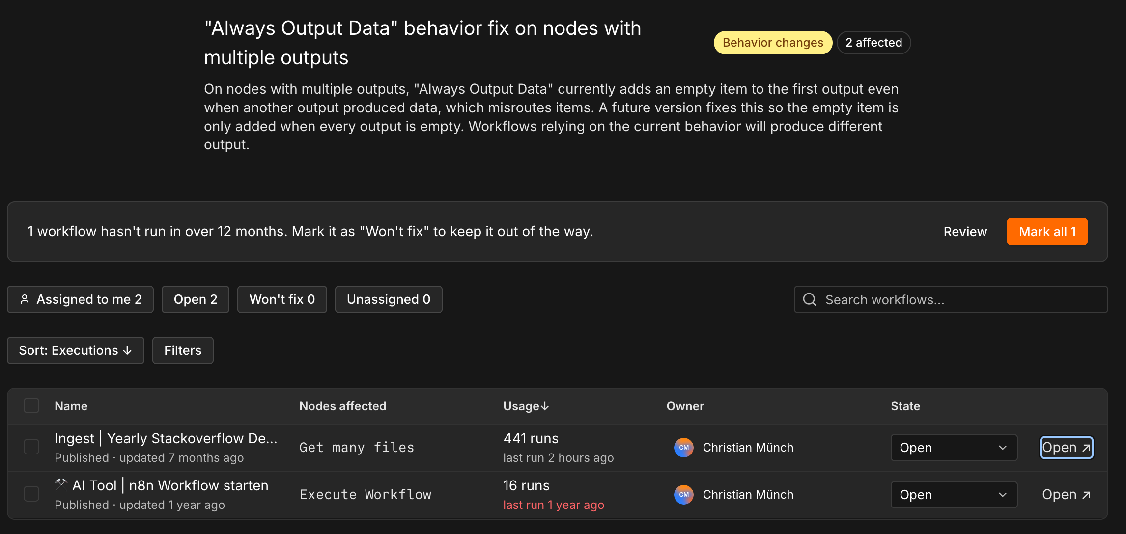 Detailansicht zu Always Output Data mit zwei betroffenen Workflows: Ingest Yearly Stackoverflow Developer Survey und AI Tool n8n Workflow starten, letzterer seit über einem Jahr nicht gelaufen