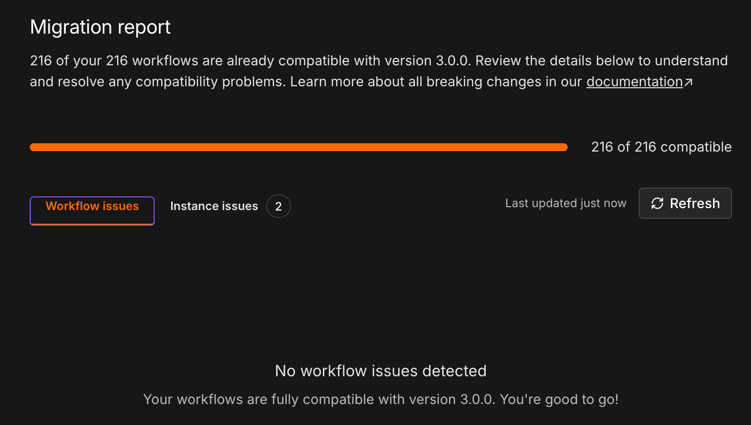 Migration Report mit 216 von 216 kompatiblen Workflows, No workflow issues detected, und zwei verbleibenden Instance Issues
