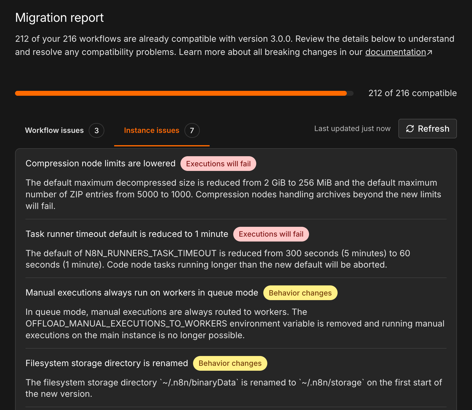 Instance issues im Migration Report: gesenkte Limits für den Compression-Node, Task-Runner-Timeout von 60 Sekunden, manuelle Executions immer auf Workern und Umbenennung des Storage-Verzeichnisses