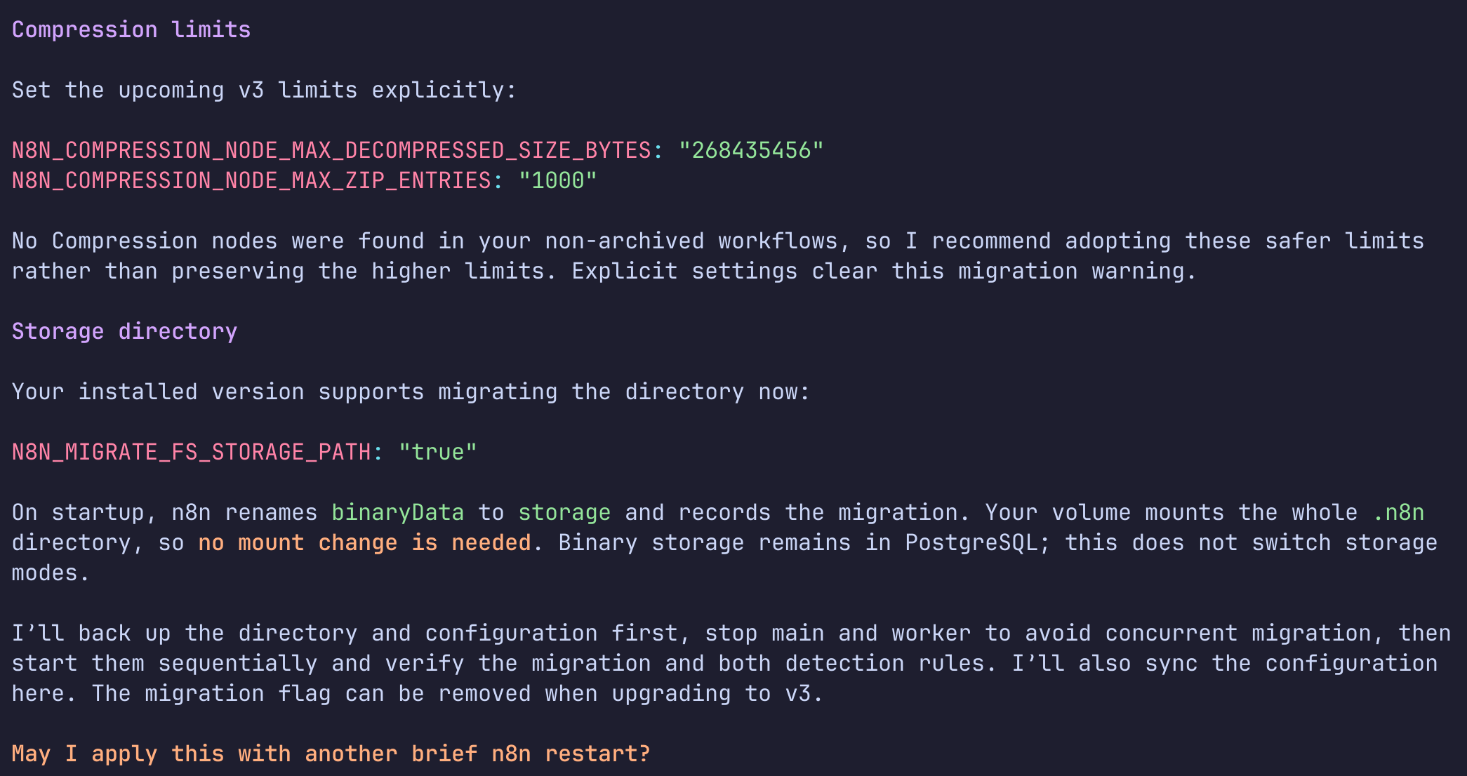 Vorschlag von OpenCode: Compression-Limits explizit auf die neuen v3-Werte setzen und das Storage-Verzeichnis mit N8N_MIGRATE_FS_STORAGE_PATH schon jetzt migrieren