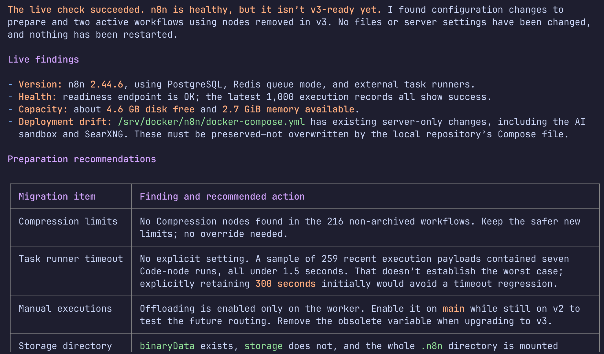 Live-Findings von OpenCode: n8n 2.44.6 mit PostgreSQL, Redis Queue Mode und externen Task Runnern, Health OK, freier Speicher und Deployment-Drift in der docker-compose.yml auf dem Server
