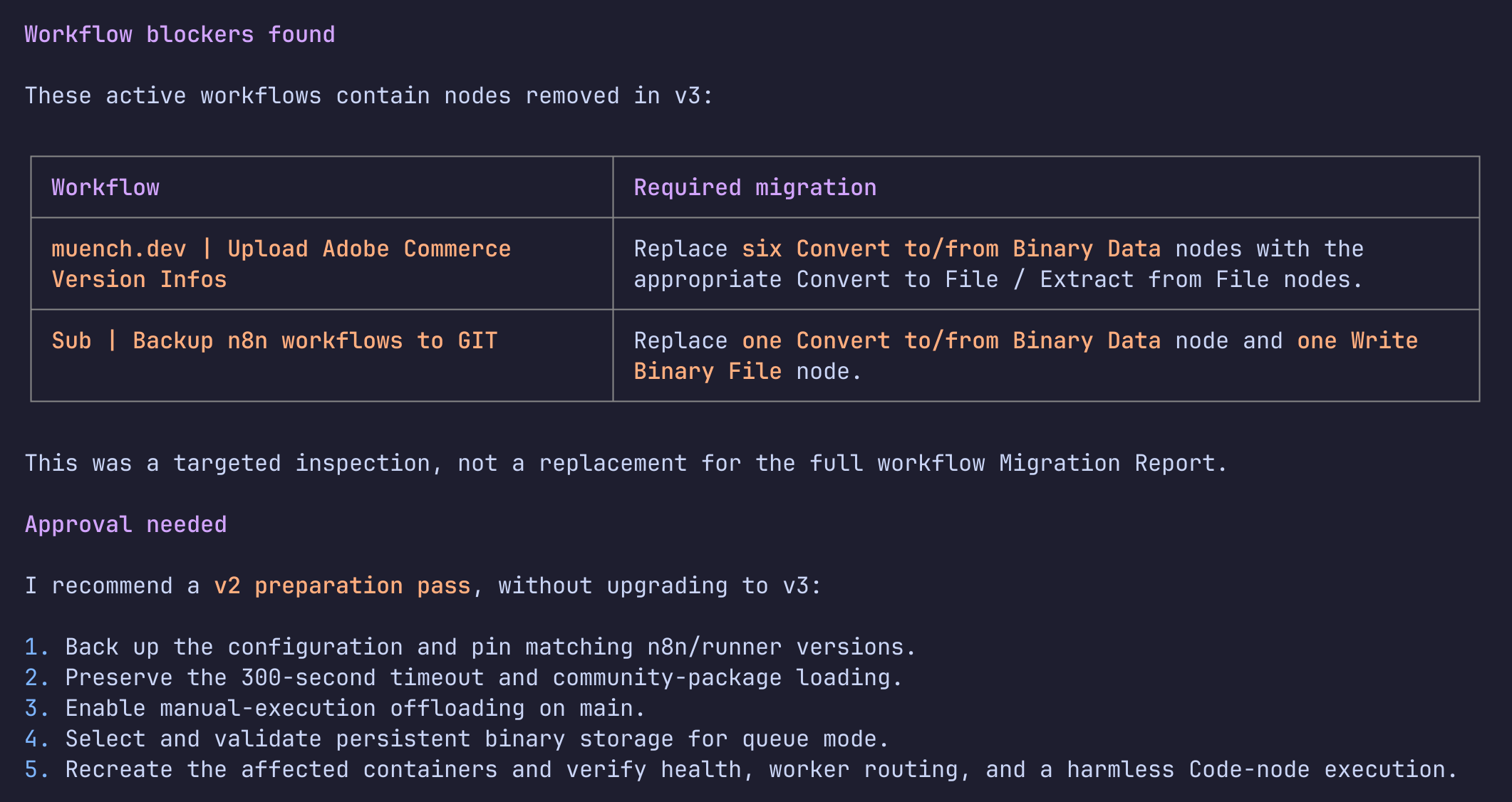 Workflow-Blocker: muench.dev Upload Adobe Commerce Version Infos mit sechs Convert-to/from-Binary-Data-Nodes und Sub Backup n8n workflows to GIT mit je einem Convert- und Write-Binary-File-Node, darunter der Vorschlag für einen v2 preparation pass