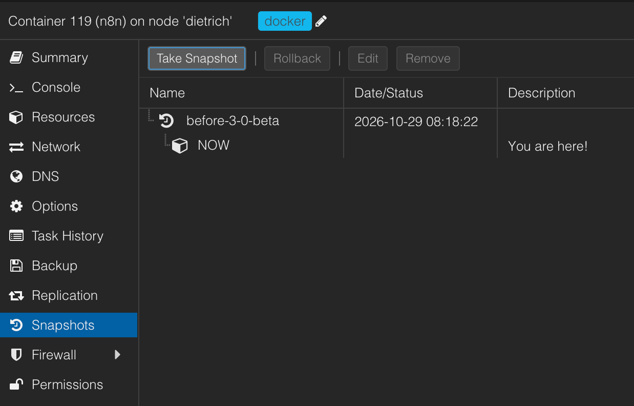 Proxmox-Oberfläche mit dem Snapshot before-3-0-beta für den n8n-Container