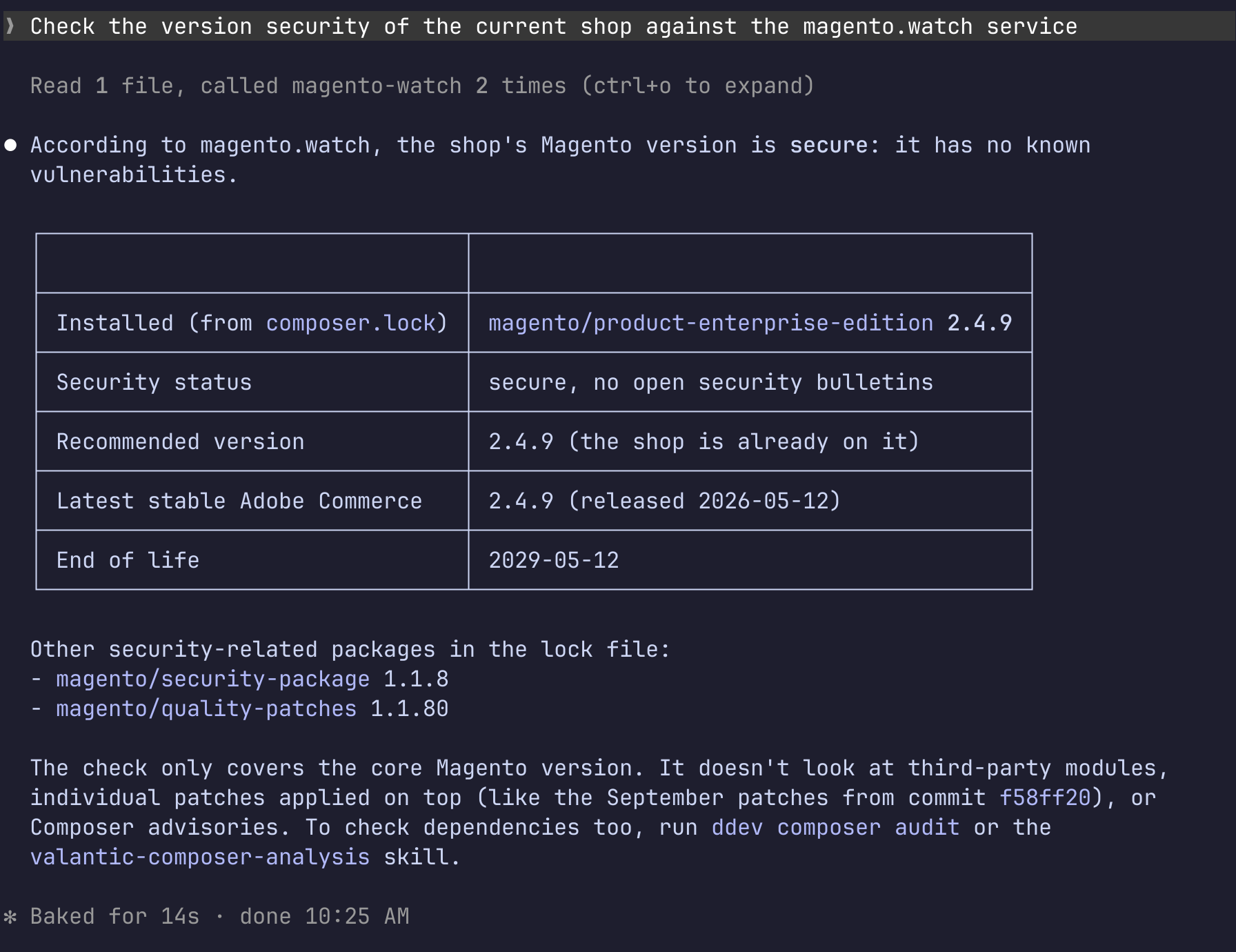 Dunkler Terminalbericht zur Magento-Sicherheit: Die installierte Version 2.4.9 gilt als sicher und entspricht der empfohlenen Version; das Supportende ist für den 12. Mai 2029 angegeben.