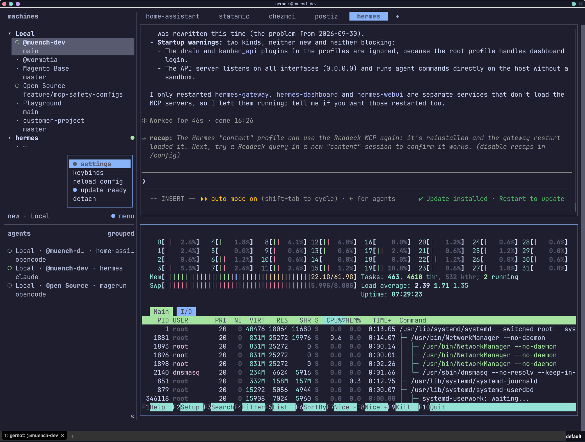 Screenshot eines Terminalfensters mit mehreren Codezeilen und Abläufen, die Informationen über Home Assistant und Systemprozesse anzeigen. In der oberen linken Ecke befinden sich Navigationsoptionen, während der Hauptbereich von System- und Prozessdaten dominiert wird.