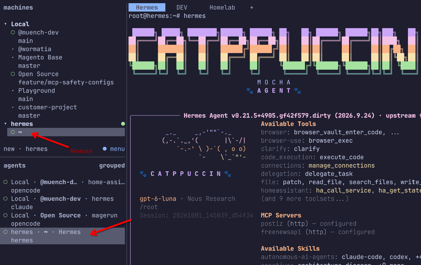 Screenshot einer Terminal-Oberfläche mit buntem Text „CATPPUCCIN“ und einem Agenten namens „Hermes“. Links sind Maschinen- und Agentenmenüs sichtbar, während rechts technische Informationen und verfügbare Tools angezeigt werden.