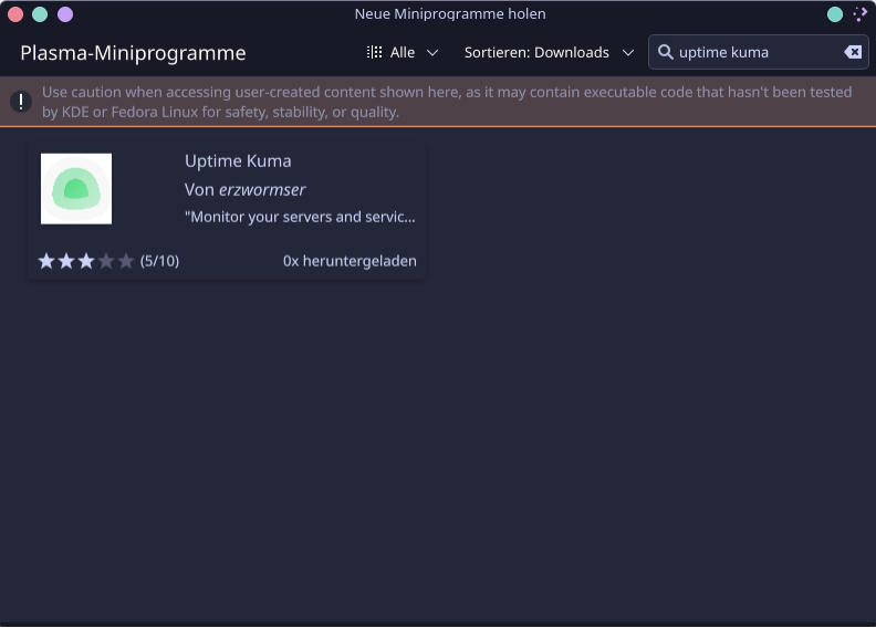 Das Screenshot zeigt eine Software-Installationsoberfläche mit dem Titel "Uptime Kuma". Es gibt eine Kurzbeschreibung, die besagt, dass es dazu dient, Server und Dienste zu überwachen. Eine Bewertung von 5/10 wird angezeigt.