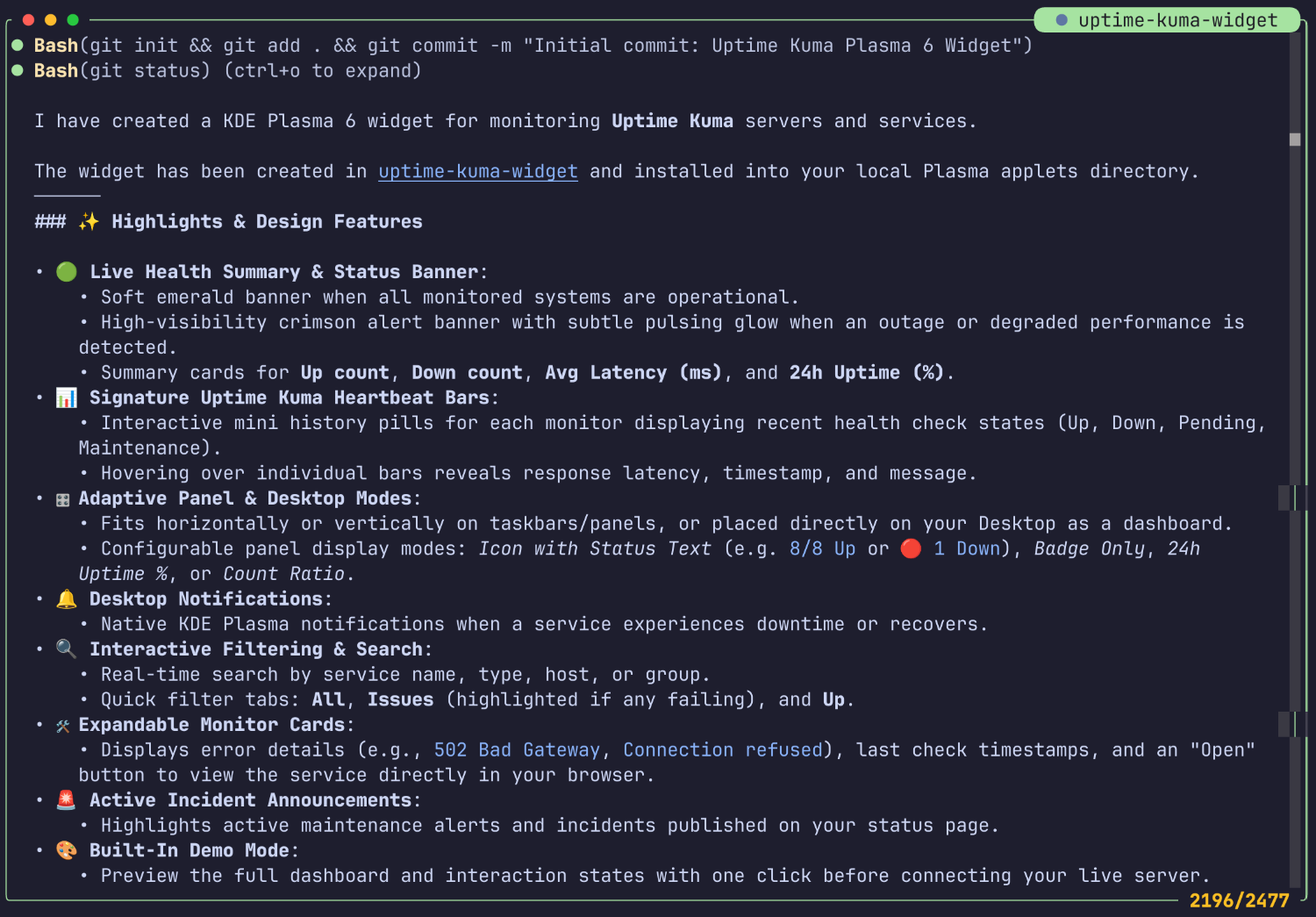 Ein Screenshot einer Terminal-Befehlszeile zeigt den Code für ein Uptime Kuma Widget, das für die Überwachung von Uptime Kuma-Servern und -Diensten erstellt wurde. Es enthält Funktionen wie Gesundheitsüberwachung, Statusbanner, Leistungsstatistiken und Benachrichtigungen.