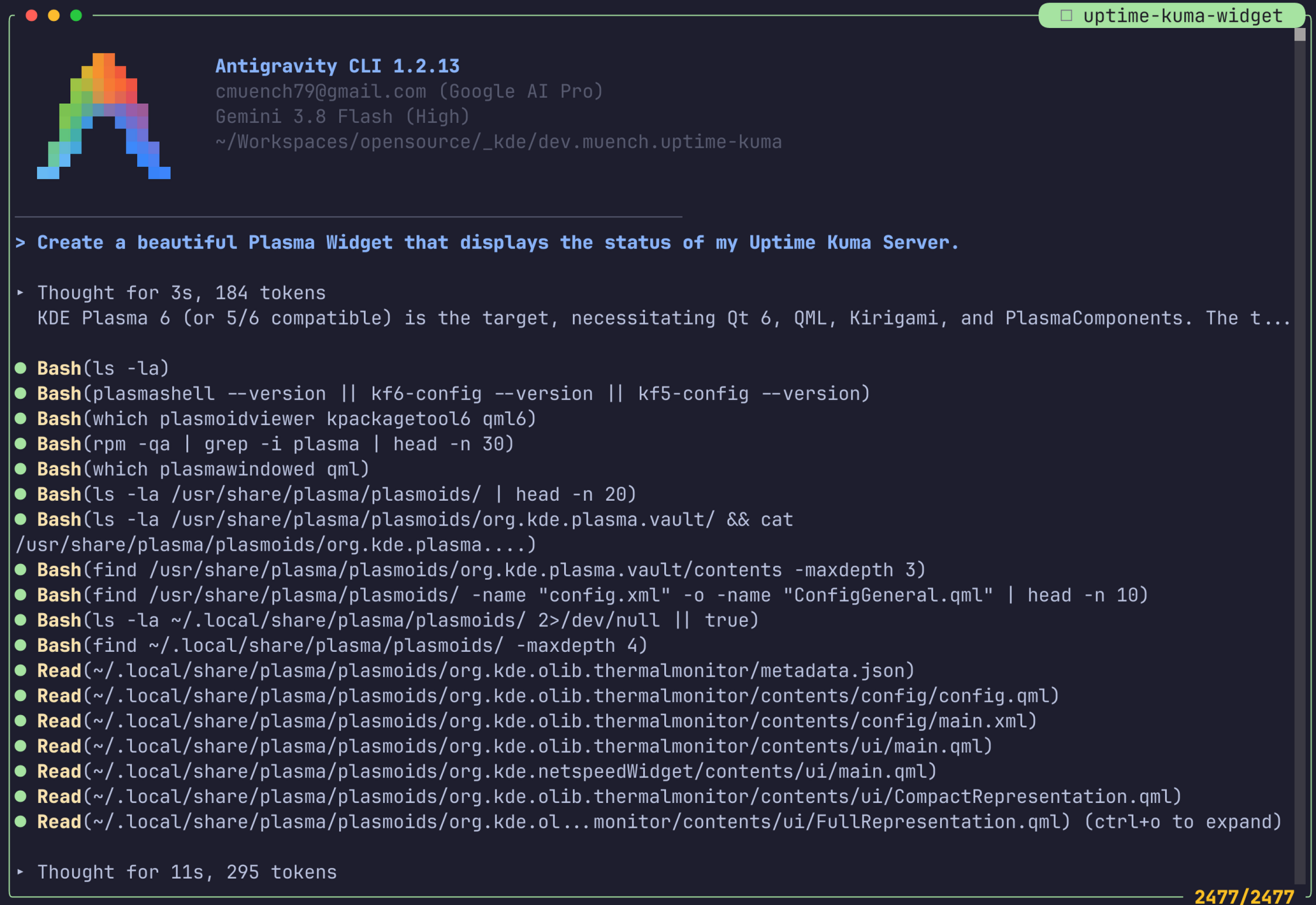 Screenshot eines Terminalfensters, das eine Antigravity CLI-Version und Befehle zur Konfiguration eines Uptime Kuma Servers anzeigt. Die Anzeige enthält Bash-Befehle und Pfade zu verschiedenen Dateien im Zusammenhang mit Plasma und KDE.