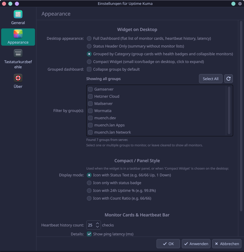 Einstellungen für das Erscheinungsbild von Uptime Kuma mit Optionen zur Anpassung des Dashboards, einschließlich Gruppen und Anzeigearten.