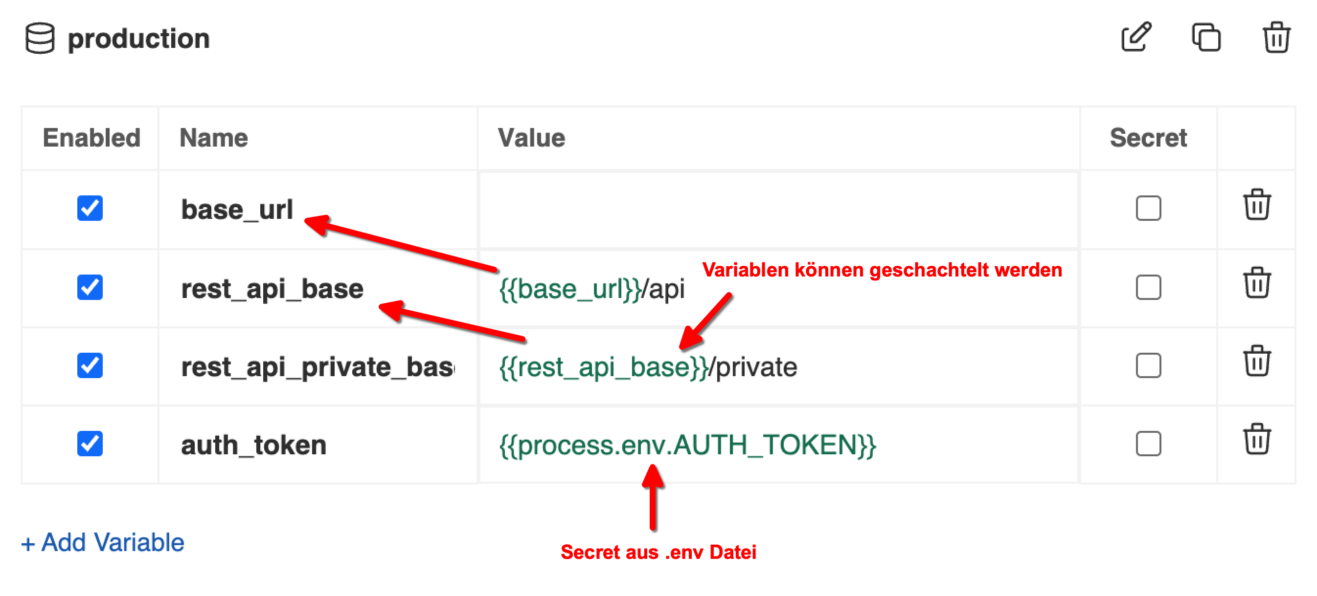 Eine Tabelle mit den Spalten "Enabled", "Name", "Value" und "Secret". Die Werte in der Spalte "Name" umfassen "base_url", "rest_api_base", "rest_api_private_bas" und "auth_token". Neben einigen Werten sind Platzhalter eingefügt, die auf Variablen hinweisen, sowie ein kurzer Hinweis in roter Schrift, dass Variablen geschachtelt werden können.