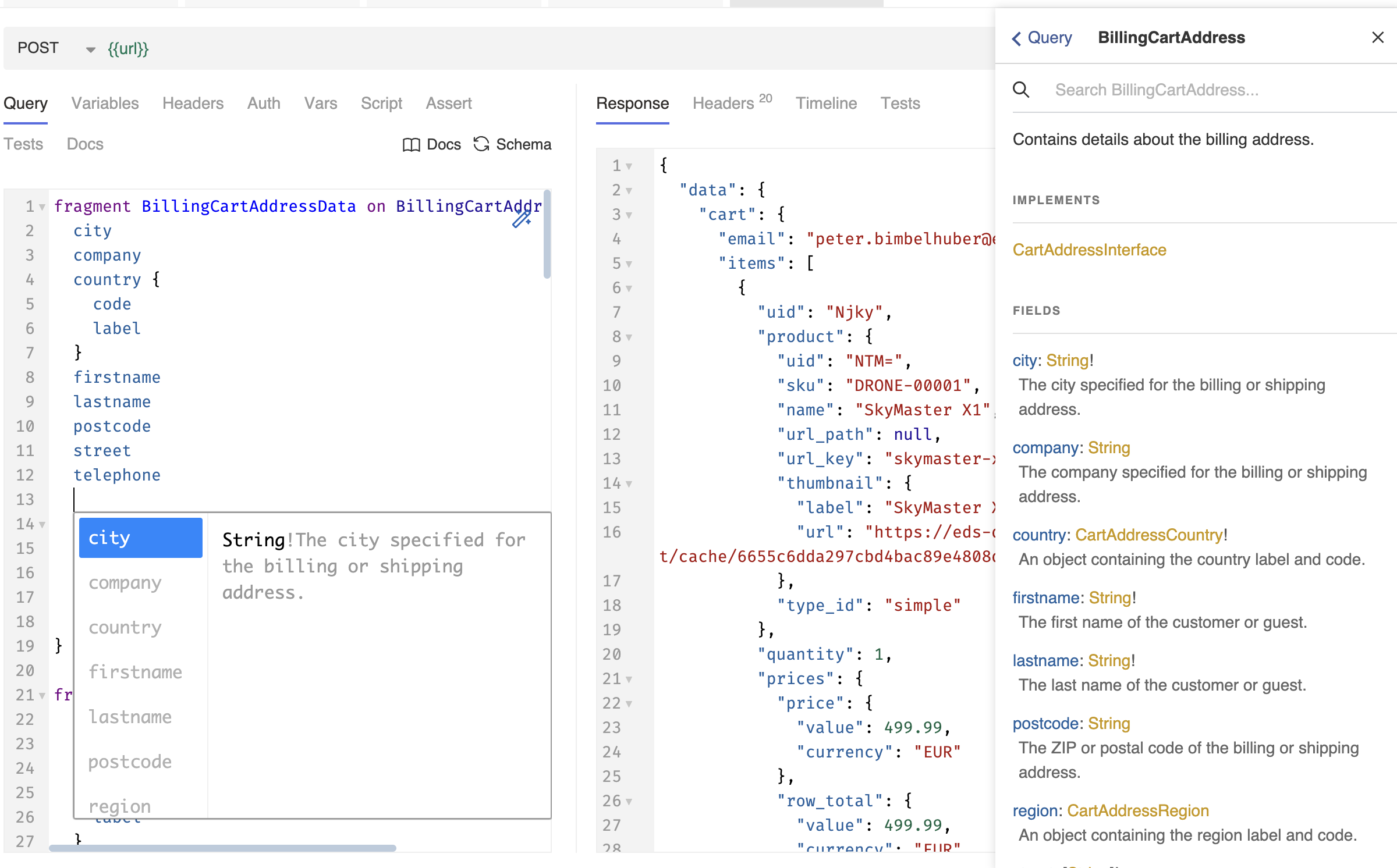 Ein Bildschirm zeigt eine Benutzeroberfläche für eine GraphQL-Anfrage. Auf der linken Seite befinden sich Felder wie Stadt, Unternehmen und Land, während der rechte Bereich die Antwort von der API mit Informationen über den Warenkorb, Produkte und Preise anzeigt. Es sind Details zur Rechnungsadresse und Artikelinformationen sichtbar.