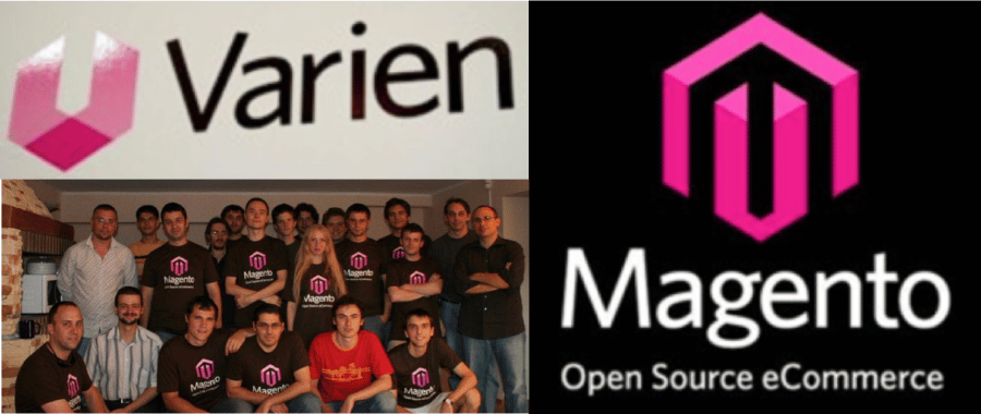 Das Logo von Varien Inc. Das Team von Varien, dass Magento entwickelte und das Logo, dass zu Beginn noch in der Farbe Magento war