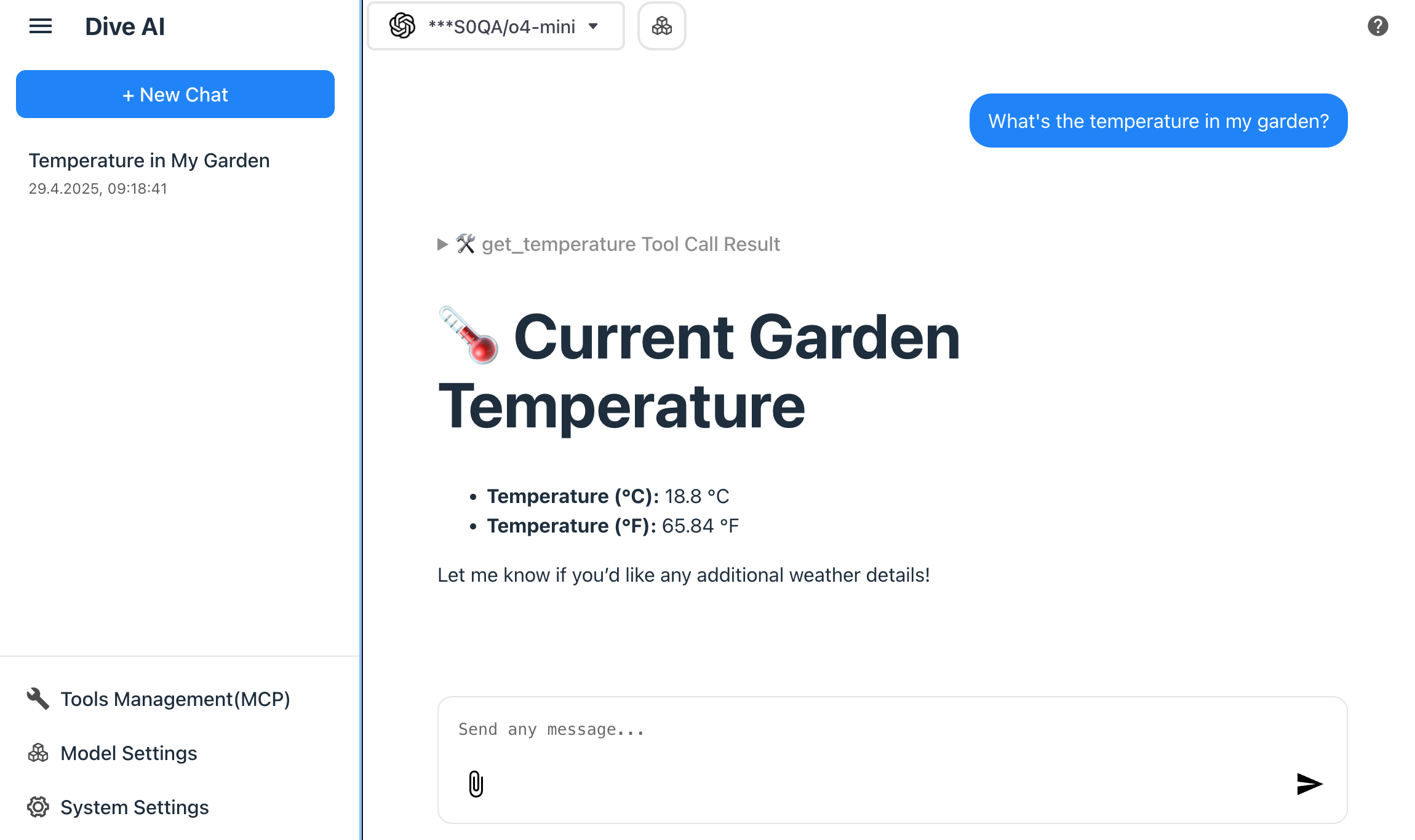 Beispielaufruf des Wetterstation MCP Servers im Tool Dive.