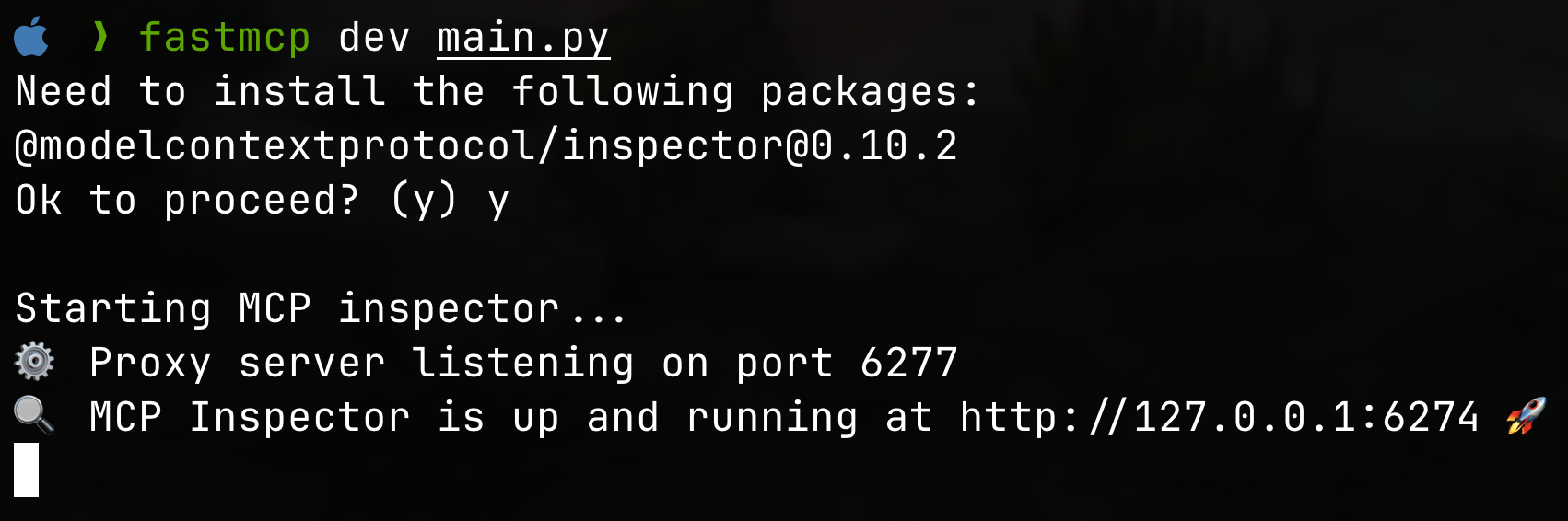 Start eines fastmcp servers im dev Mode im Terminal